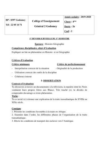 Première page de Histoire-Géographie 4e, 4e ML, 4e ML&MC — 1er devoir surveillé, 1er semestre (2019-2020) · CEG2 Godomey