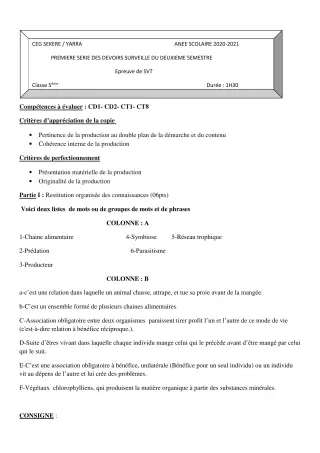 Première page de SVT 5e — 1er devoir surveillé, 2e semestre (2020-2021) · CEG SEKERE