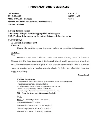 Première page de Anglais 6e — 1er devoir surveillé, 2e semestre (2018-2019) · CEG ADJAGBO
