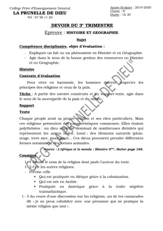Première page de Histoire-Géographie 6e — Devoir surveillé, 3e trimestre (2019-2020) · CEPG La Prunelle de Dieu