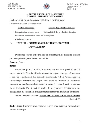 Première page de Histoire-Géographie 2nde A, 2nde B — 1er devoir surveillé, 1er semestre (2023-2024) · CEG Yagbe