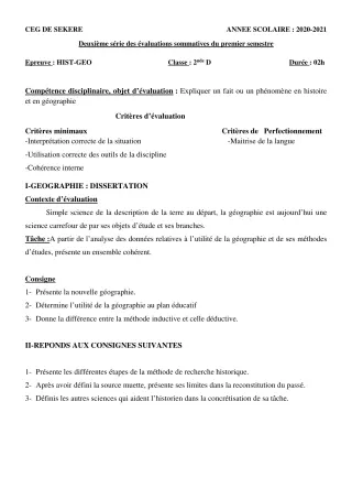 Première page de Histoire-Géographie 2nde D — 2e évaluation sommative, 1er semestre (2020-2021) · CEG SEKERE