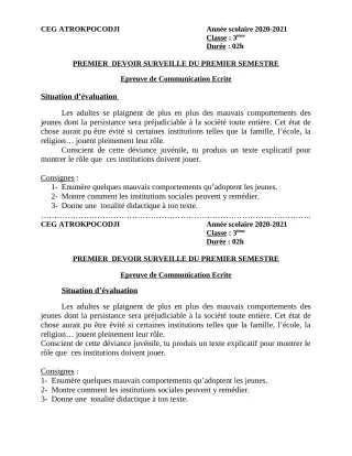 Première page de Français 3e ML — 1er devoir surveillé, 1er semestre (2020-2021) · CEG ATROKPOCODJI