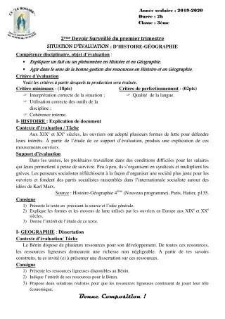 Première page de Histoire-Géographie 3e, 3e ML — 2e devoir surveillé, 1er trimestre (2019-2020) · CPEG ROSAIRE