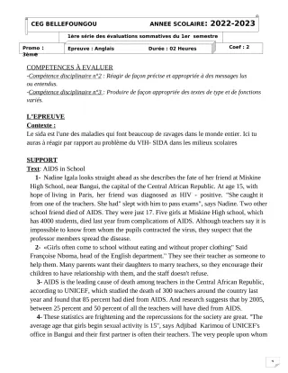Première page de Anglais 3e — 1re évaluation sommative, 1er semestre (2022-2023) · CEG Bellefoungou