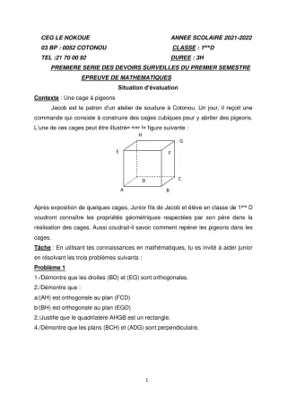 Première page de Mathématiques 1ère D — 1er devoir surveillé, 1er semestre (2021-2022) · CEG LE NOKOUE