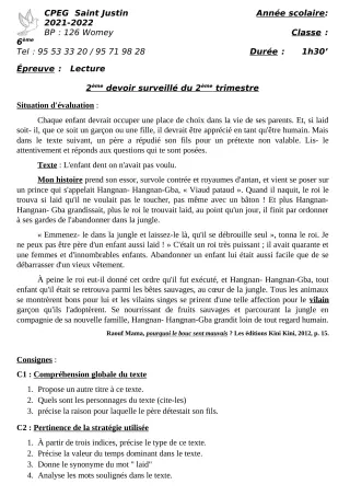 Première page de Français 6e, 5e — 2e devoir surveillé, 2e trimestre (2021-2022) · CPEG SAINT Justin