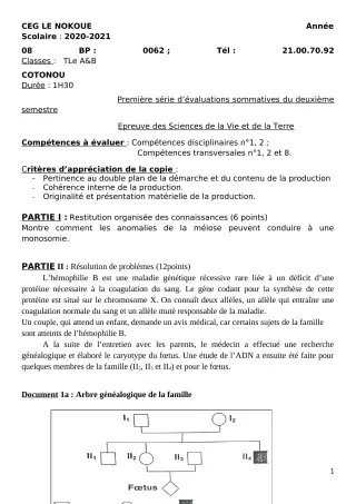 Première page de SVT Tle A1, Tle A2, Tle B — Évaluation sommative, 2e semestre (2020-2021) · CEG LE NOKOUE