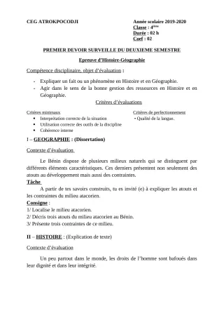 Première page de Histoire-Géographie 4e — 1er devoir surveillé, 2e semestre (2019-2020) · CEG ATROKPOCODJI