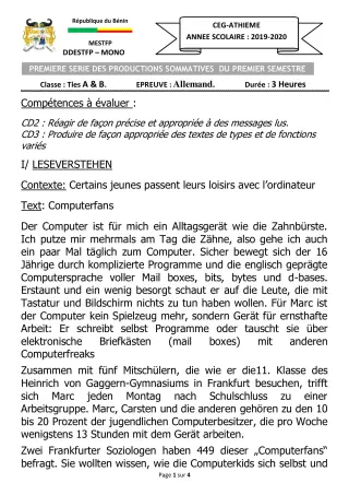 Première page de Allemand Tle A1, Tle A2, Tle B — 1er semestre (2019-2020) · CEG ATHIEME