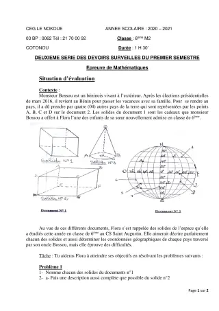 Première page de Mathématiques 6e — 2e devoir surveillé, 1er semestre (2020-2021) · CEG LE NOKOUE