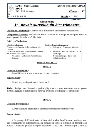 Première page de Philosophie 1ère A2, 1ère B, 1ère C, 1ère D — 1er devoir surveillé, 2e trimestre (2023-2024) · CPEG SAINT Justin