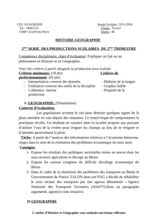 Première page de Histoire-Géographie Tle D — 2e production scolaire, 2e trimestre (2018-2019) · CEG AVAGBODJI