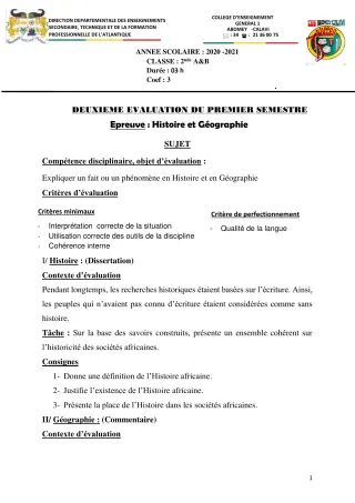 Première page de Histoire-Géographie 2nde A & B, 2nde A1, 2nde A2, 2nde B — 1er semestre (2020-2021) · CEG1 Abomey-Calavi