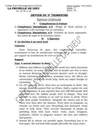 Première page de Anglais 3e, 3e ML — Devoir surveillé, 3e trimestre (2019-2020) · CEPG La Prunelle de Dieu