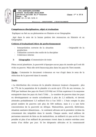 Première page de Histoire-Géographie 1ère A2, 1ère B — 2e devoir surveillé, 2e semestre (2019-2020) · CEG 1 Akpakpa-Centre