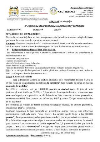 Première page de Espagnol 3e — 1re production scolaire, 2e semestre (2022-2023) · CEG1 Ikpinlè
