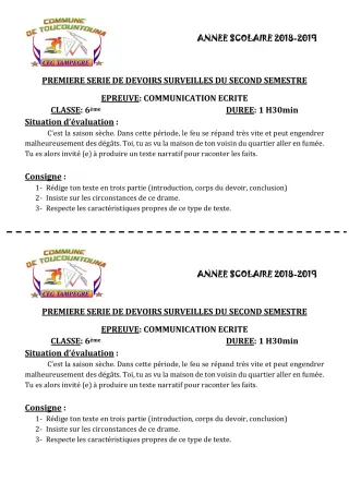 Première page de Français 6e, 5e, 4e, 4e ML, 3e, 3e ML — 1er devoir surveillé, 2e semestre (2018-2019) · CEG TAMPÈGRÉ