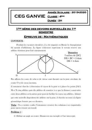 Première page de Mathématiques 4e ML&MC — 1er devoir surveillé, 1er semestre (2019-2020) · CEG Ganvié