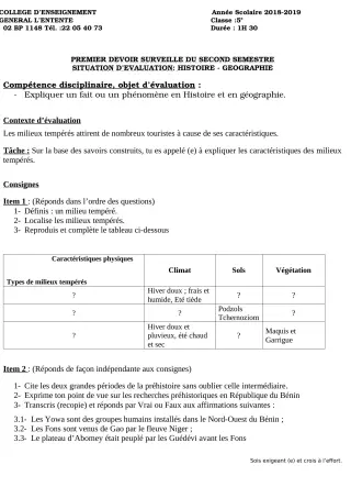 Première page de Histoire-Géographie 5e — 1er devoir surveillé, 2e semestre (2018-2019) · CEG L'Entente