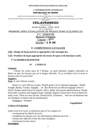 Première page de Anglais 5e — Production scolaire, 2e semestre (2018-2019) · CEG3 Avrankou