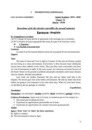 Première page de Anglais 5e — 2e devoir surveillé, 2e semestre (2019-2020) · CEG Agassa Godomey