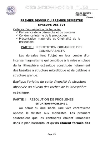 Première page de SVT 1ère D — 1er devoir surveillé, 1er semestre (2019-2020) · CEG ADJOVICODJI 'LES OLIVIERS'
