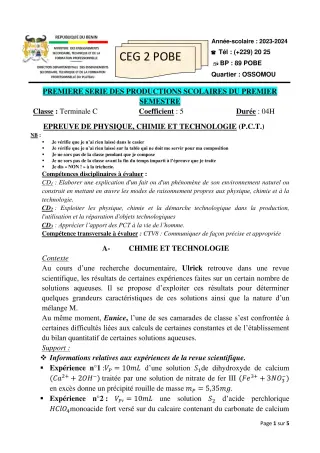 Première page de PCT Tle C — 1re production scolaire, 1er semestre (2023-2024) · CEG 2 Pobè