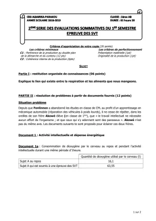 Première page de SVT 1ère A1, 1ère A2, 1ère B — Évaluation sommative, 1er semestre (2018-2019) · CEG Albarika