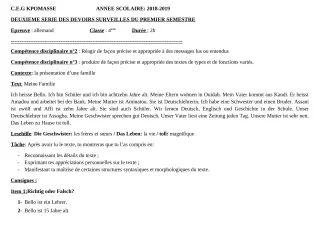 Première page de Allemand 4e ML, 2nde A, 2nde B, 1ère A, 1ère A1, 1ère A2, 1ère B, Tle A1, Tle A2 — 2e devoir surveillé, 1er semestre (2018-2019) · CEG Kpomassè