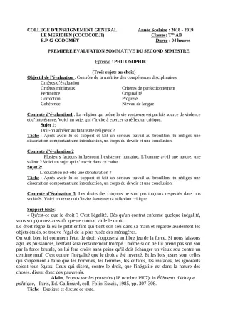 Première page de Philosophie Tle A1, Tle A2, Tle B — 1re évaluation sommative, 2e semestre (2018-2019) · CEG Le Méridien