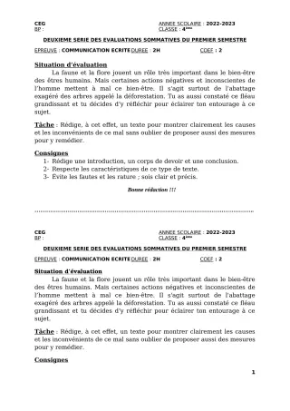 Première page de Français 4e — 2e évaluation sommative, 1er semestre (2022-2023) · CEG Sèdjè-Houègoudo