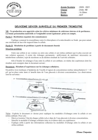 Première page de SVT 2nde A2 — 2e devoir surveillé, 1er trimestre (2020-2021) · CPEG PENIEL