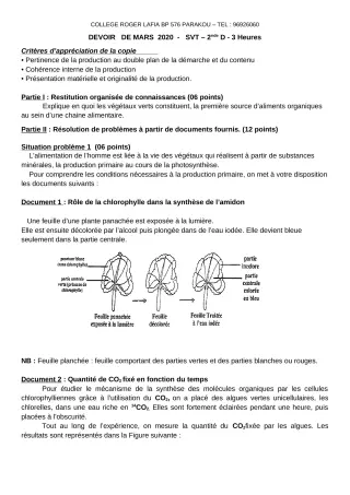 Première page de SVT 2nde D — Devoir surveillé (2019-2020) · CPEG Roger LAFIA