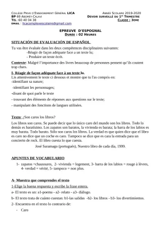 Première page de Espagnol 3e ML — Devoir surveillé, 1er trimestre (2019-2020) · CPEG LICA