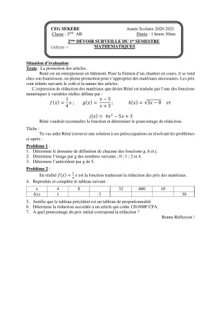 Première page de Mathématiques 2nde A2 — 2e devoir surveillé, 1er semestre (2020-2021) · CEG SEKERE