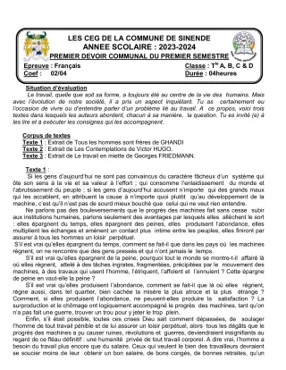 Première page de Français Tle A2, Tle D — 1er devoir surveillé, 1er semestre (2023-2024) · CEG SEKERE