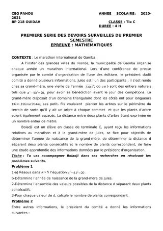 Première page de Mathématiques Tle C — 1er devoir surveillé, 1er semestre (2020-2021) · CEG PAHOU