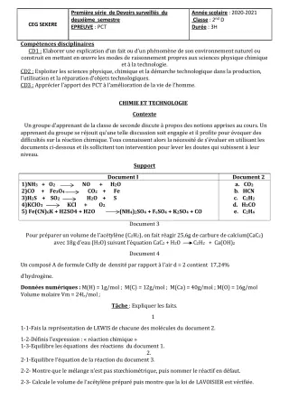 Première page de PCT 2nde D — 1er devoir surveillé, 2e semestre (2020-2021) · CEG SEKERE