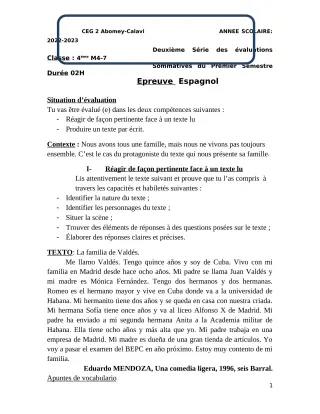 Première page de Espagnol 4e — Évaluation sommative, 1er semestre (2022-2023) · CEG2 ABOMEY - CALAVI (CEG ZOCA)