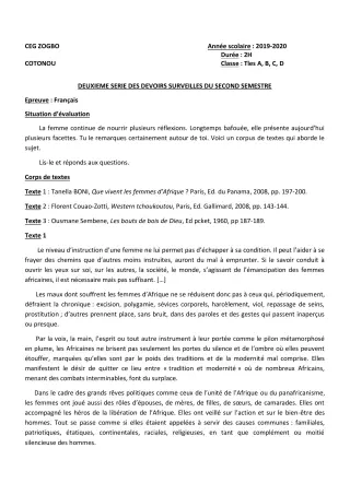 Première page de Français Tle A1, Tle A2, Tle B, Tle C, Tle D — 2e devoir surveillé, 2e semestre (2019-2020) · CEG ZOGBO
