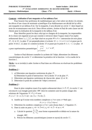 Première page de Mathématiques Tle D — Évaluation sommative, 2e semestre (2018-2019) · CEG Albarika