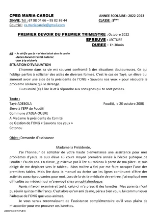 Première page de Français 5e — 1er devoir surveillé, 1er trimestre (2022-2023) · CPEG MARIA-CAROLE