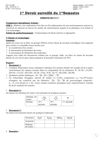 Première page de PCT 2nde C, 2nde D — 1er devoir surveillé (2019-2020) · CEG Yagbe