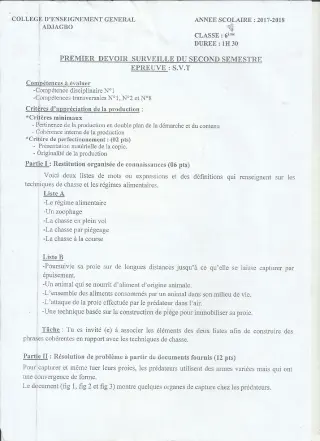 Première page de SVT 6e — 1er devoir surveillé, 2e semestre (2018-2019) · CEG ADJAGBO