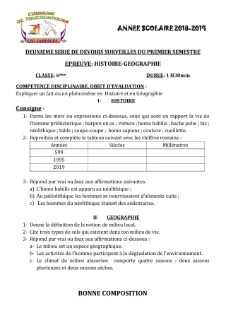 Première page de Histoire-Géographie 6e, 5e, 4e, 4e ML, 3e, 3e ML — 2e devoir surveillé, 1er semestre (2018-2019) · CEG TAMPÈGRÉ