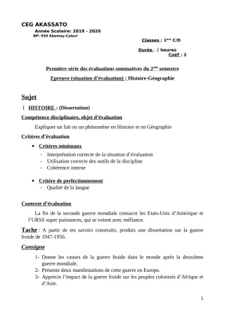 Première page de Histoire-Géographie 1ère C, 1ère D — 1re évaluation sommative, 2e semestre (2019-2020) · CEG Akassato