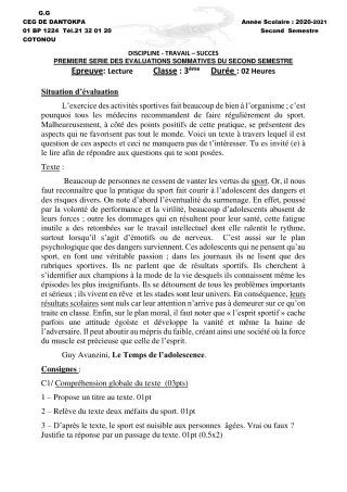 Première page de Français 3e, 3e ML — 1re évaluation sommative, 2e semestre (2020-2021) · CEG Dantokpa