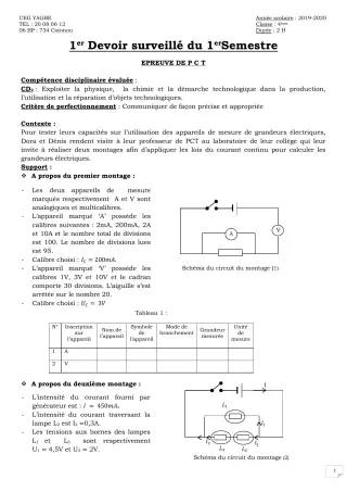 Première page de PCT 4e — 1er devoir surveillé (2019-2020) · CEG Yagbe