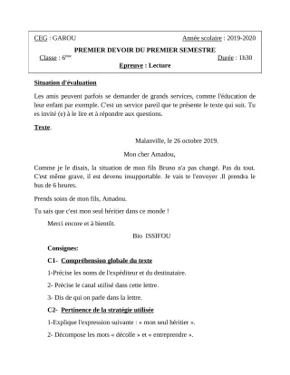 Première page de Français 6e — 1er devoir surveillé, 1er semestre (2019-2020) · CEG GAROU